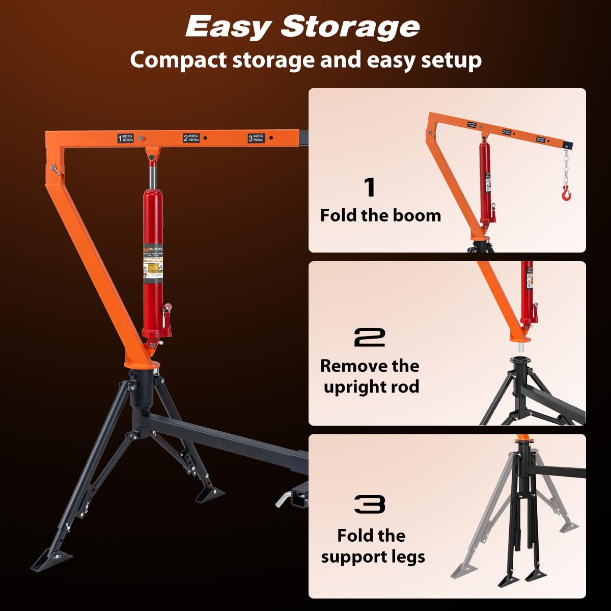 Rugcel 1500 lb Stretchable Receiver Hitch Mounted Hydraulic Swivel Pickup Truck Crane, with Three Boom Capacities of 750 lb, 1000 lb and 1500 lb (Hitch Crane 1500LB)