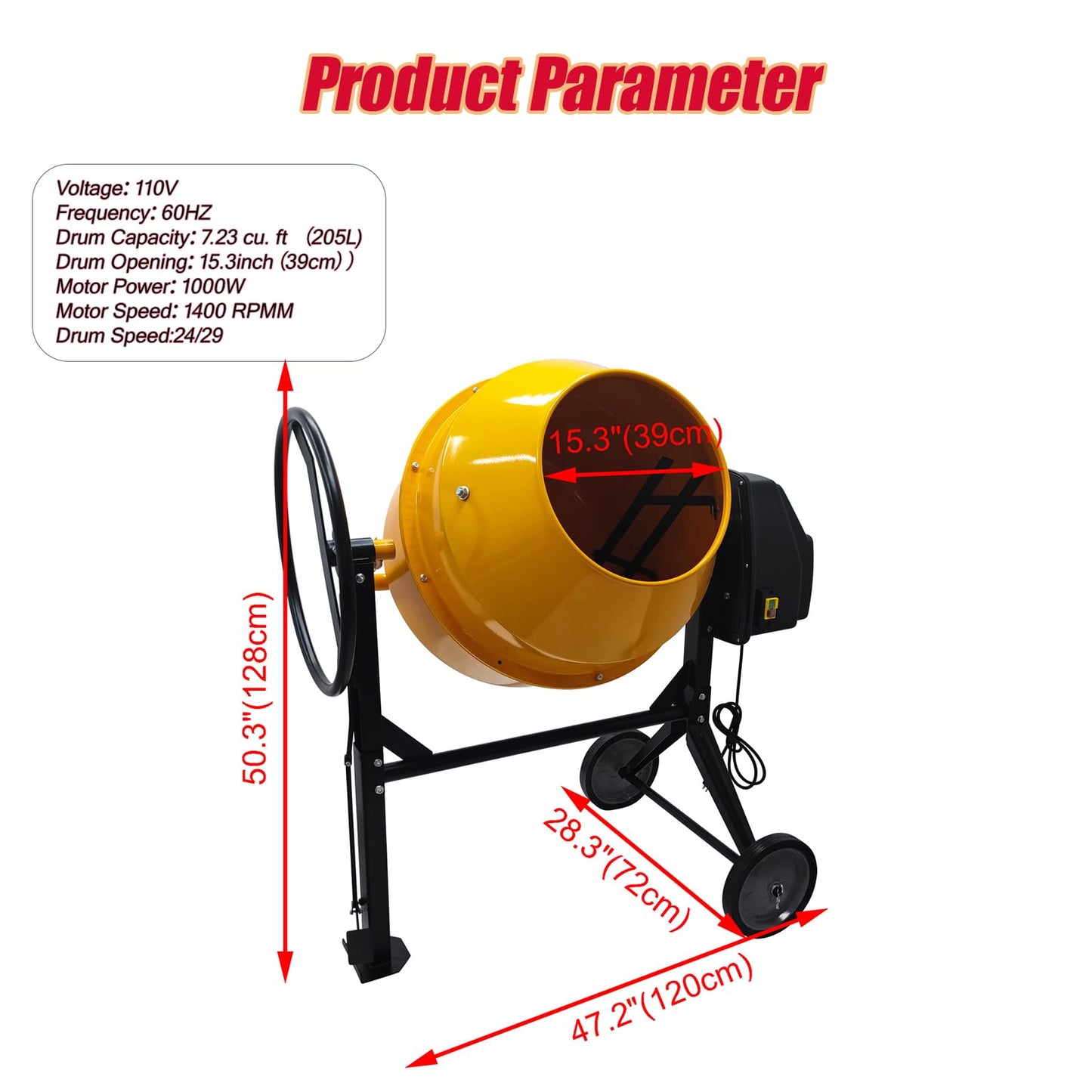JARYANNIX 7.23 Cu. Ft Cement Mixer,Electric Concrete Mortar Mixer 360° Rotation，Portable Concrete Mixing Machine, Cement Mixing Machine，110v/60HZ 1Kw