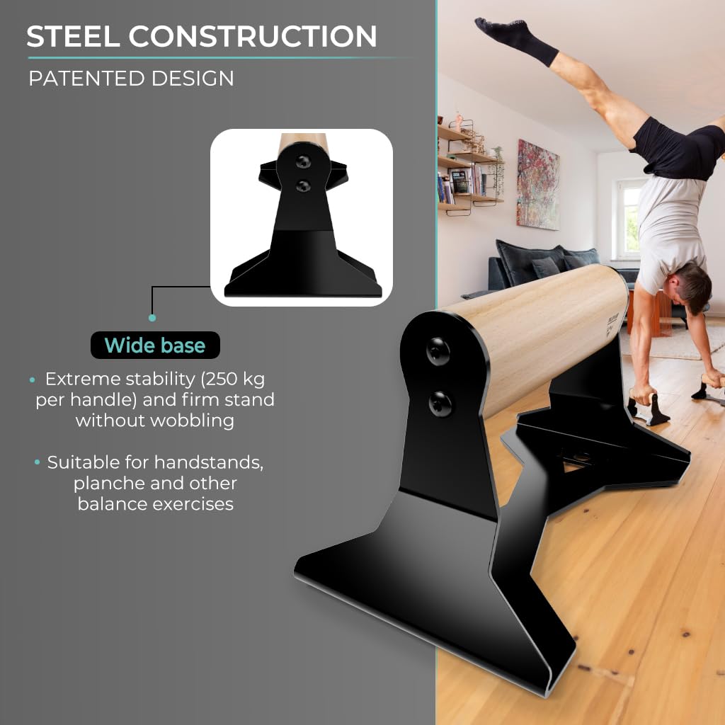 PULLUP & DIP Parallettes - Push Up Handles with Ergonomic Wooden Handles & Heavy-Duty Steel - Non-slip Parallettes Bars for Strength Training and Calisthenics - Press Up Handles for Push Ups