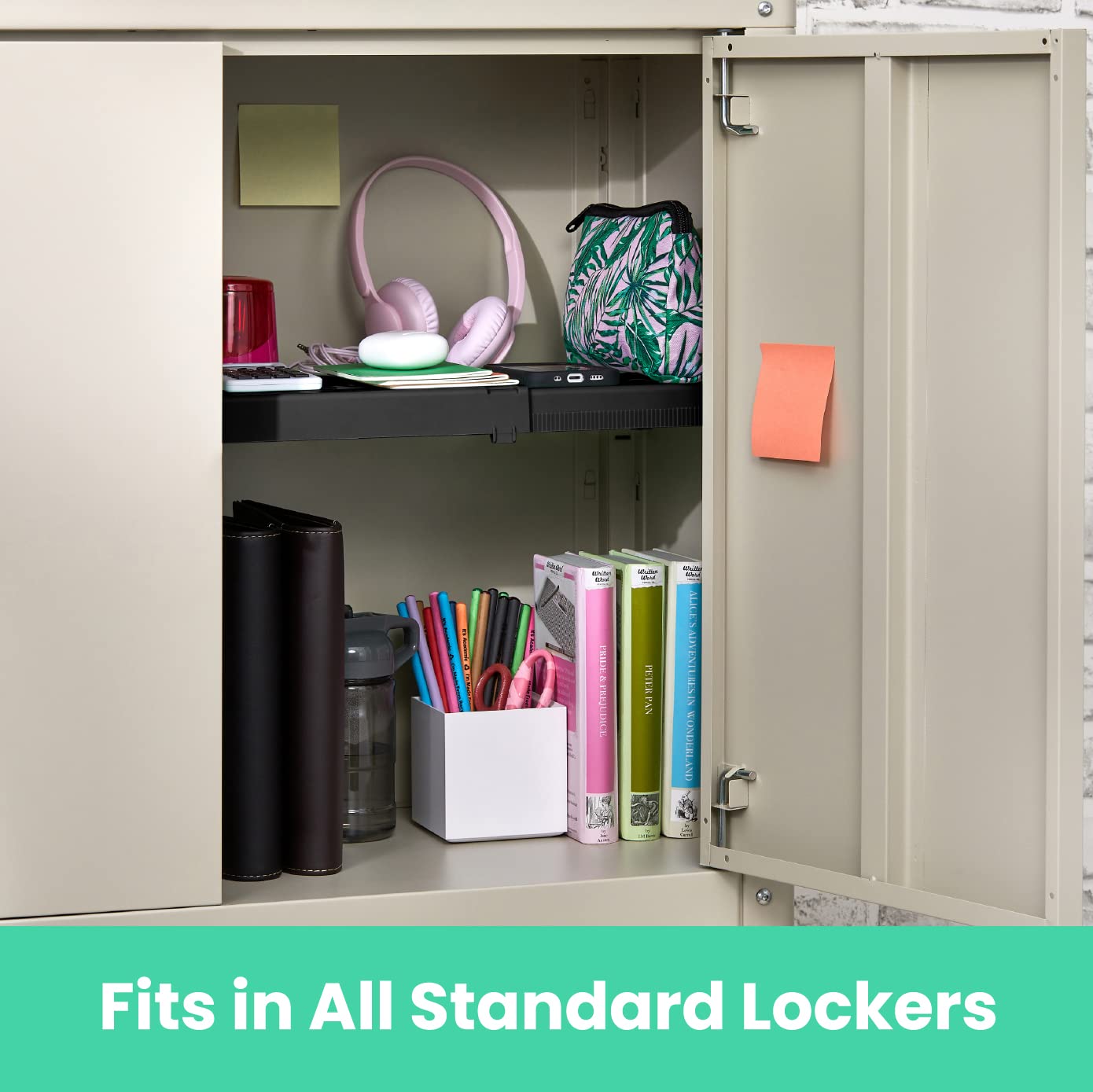 LockerMate Adjust-A-Shelf Locker Shelf, Extends to Fit Your Locker, Easy to Use, Perfect for School, Office, Gym, Black, 2-Pack