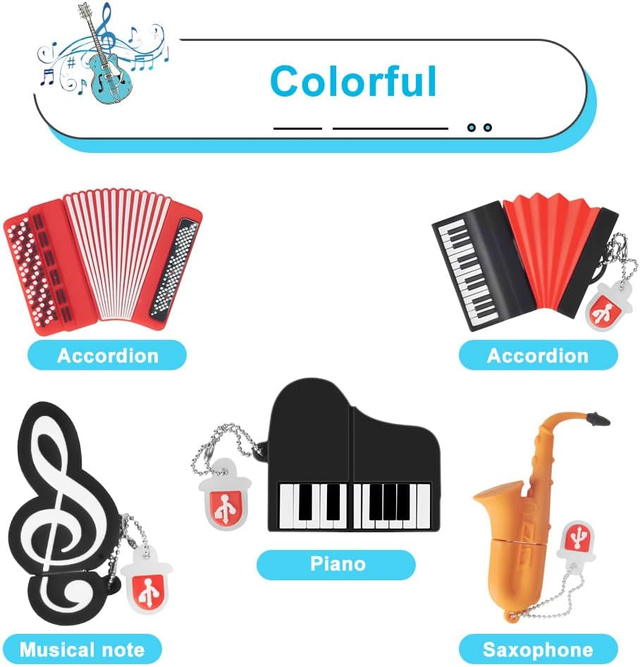 leizhan 5 8GB Accordion*2/Saxophone/Piano/Notes x Cute Music USB Flash Drive, Shape Musical Instruments Thumb Drive