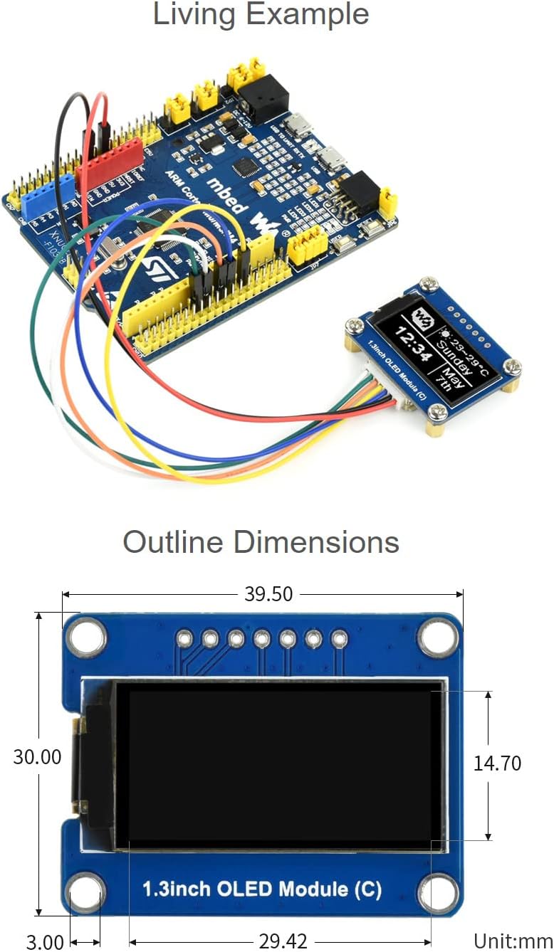 waveshare 1.3inch 64128 I2C OLED Module, Resolution Black/White Display Module with SPI and Interface for Raspberry Pi