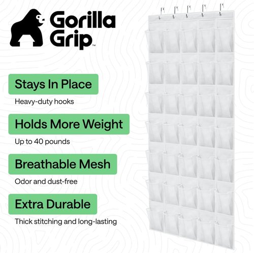 GORILLA GRIP Over The Door Shoe Organizer - 35 Large Breathable Mesh Pockets | Space-Saving Storage 68.5H x 24.5W White