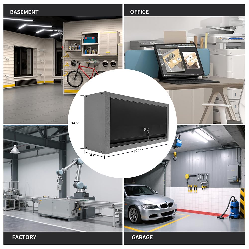 JZD Small Metal Wall Mounted Storage Garage Cabinet with Flip Up Door, Black & Grey