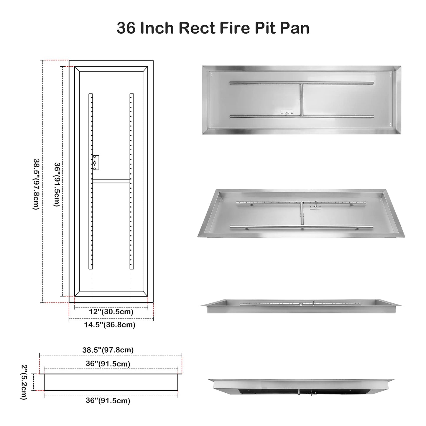 Stanbroil 36 x 12 Inch Rectangular Fire Pit Burner with Drop-in Fire Pan, Gas Firepit Insert for DIY Fire Table, 304 Stainless Steel, 150,000 BTU Max
