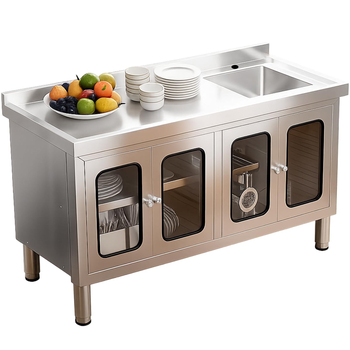 59" Stainless Steel Sink with Cabinet, Utility Sink with 304 Stainless Steel Worktop and 4 Transparent Doors, Commercial Kitchen Sink for Outdoor Restaurant Cafe Garage and Laundry Room