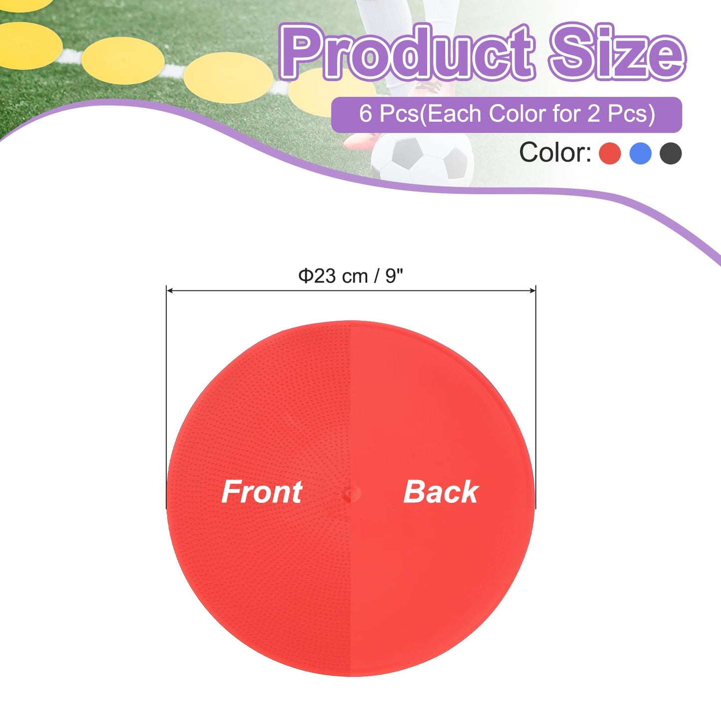 PATIKIL Spot Markers 9 Inch, 6 Pcs Non-Slip Floor Dots Agility Markers Flat Field Cones Poly Dots for Gym PE Speed Training Dance Soccer Basketball Sports, Red/Blue/Black