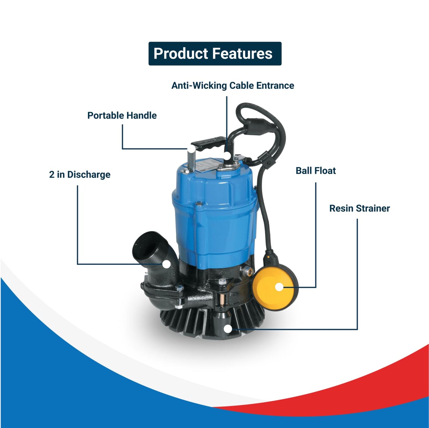 Tsurumi Pump HSZ2.4S | Submersible Trash Pump - Float Switch | 1/2 HP, 115V, 2 in Discharge | Dewatering applications - sand & solids, where auto operation is needed | 53 GPM / 3180 GPH