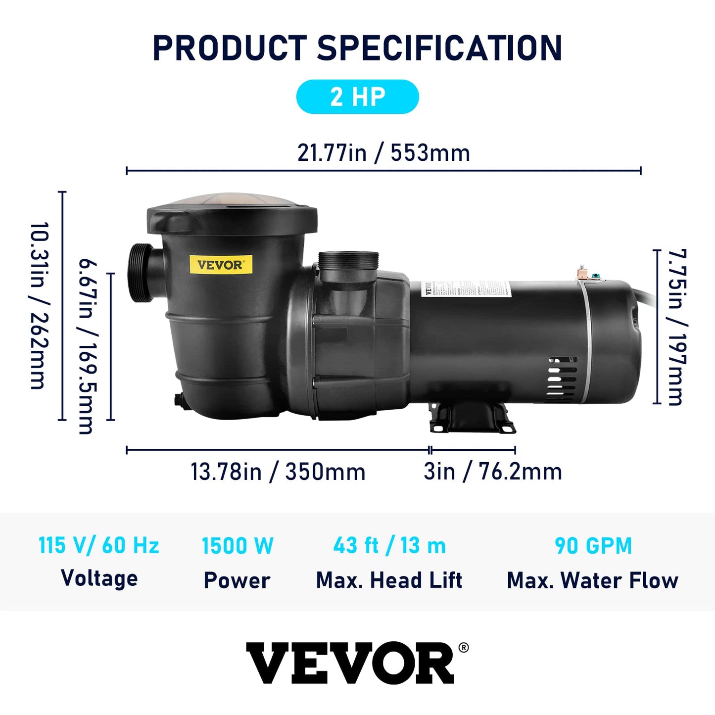VEVOR Swimming Pool Pump, 2.0HP 115 V, 1500 W Single Speed Pumps for Above Ground Pool w/Strainer Basket, 5400 GPH Max. Flow, Certification of ETL for Security