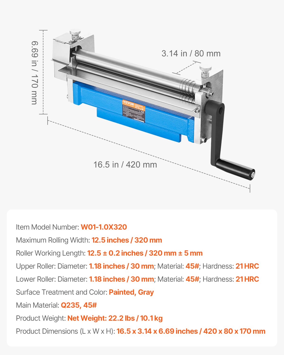 VEVOR Slip Roller, 12.6 inches, Sheet Metal Slip Roll Machine, 20 Gauge Capacity, Rolling Bending Machine with Detachable Rollers, 21 HRC, for Aluminum Alloy Sheet Low Carbon Steel Copper Sheet