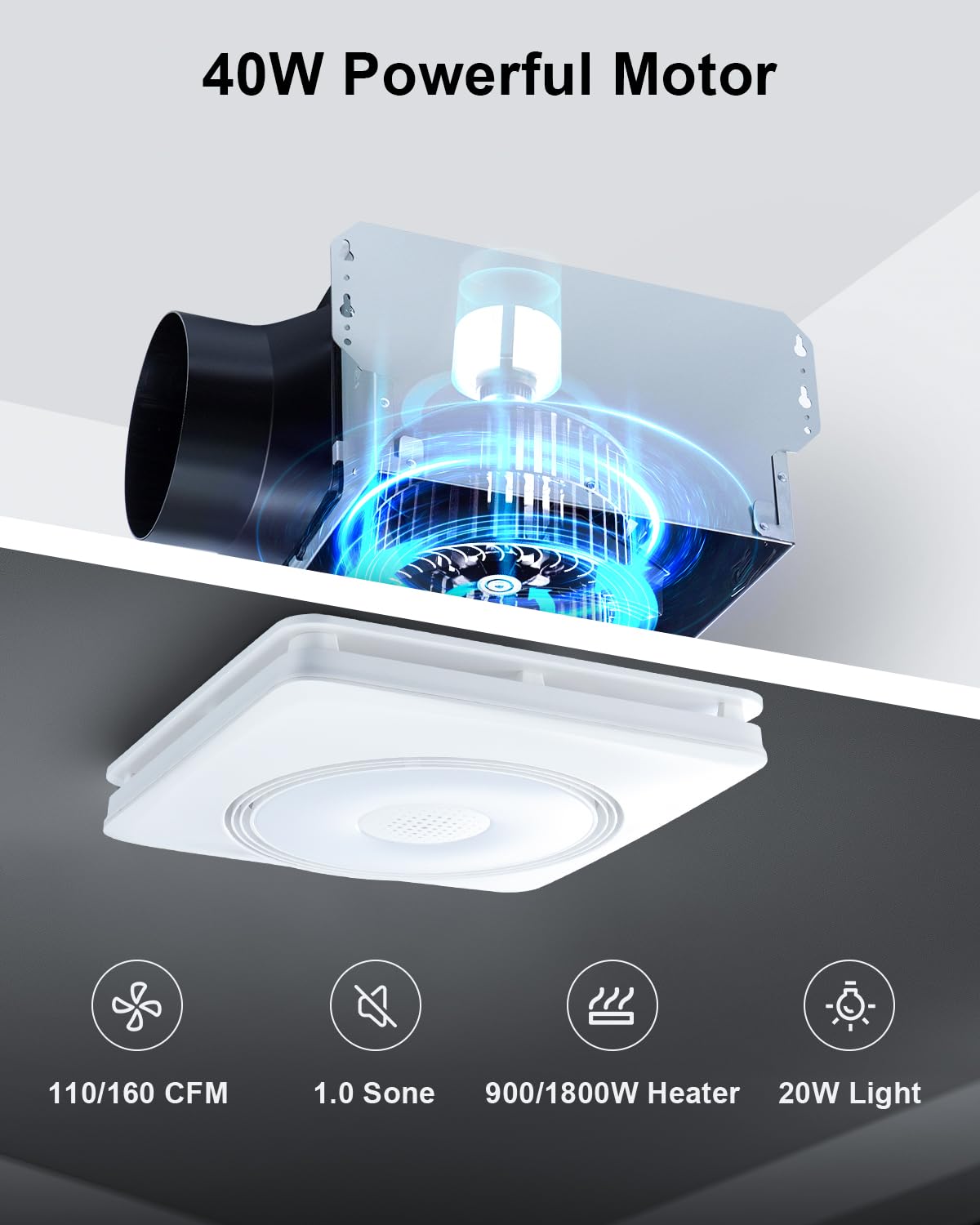 GROWNEER Bathroom Exhaust Fan with Bluetooth Speaker and Heater, Quiet Exhaust Ventilation Fan with Light & Remote 110/160 CFM 1.0 Sone, 9 RGB Modes, 1500lm 3-CCT & Nightlight