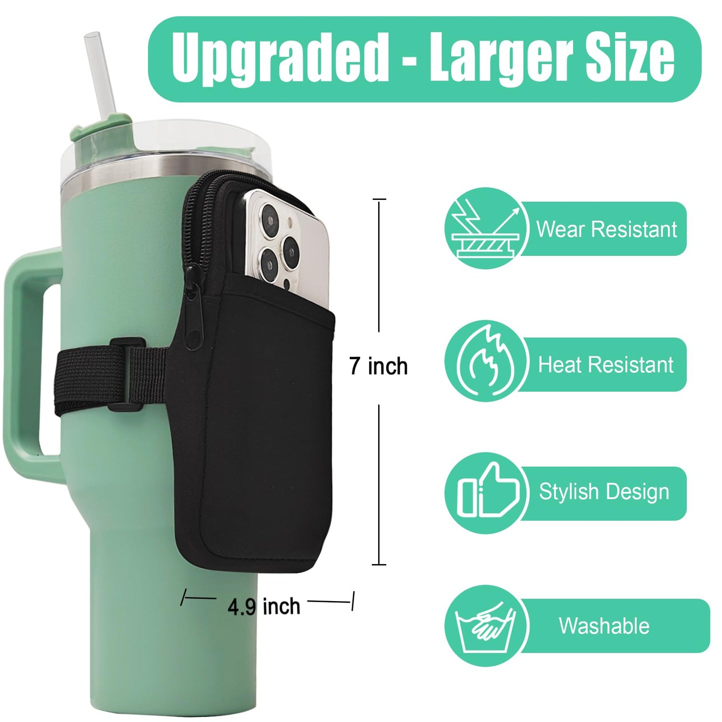 LMYUHONG Water Bottle Pouch for Stanley Cup Accessories 40oz 20oz 30oz, Tumbler Pouch with Versatile Pocket for Cards, Keys, Earphone, Fits Phones, Use for Running, Walking, Hiking & Biking, Black