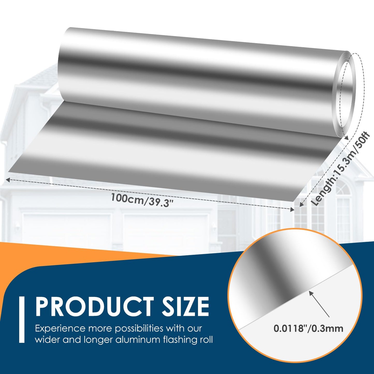 Aluminum Roll Flashing, 40'' x 50' Metal Roofing Roll for Roof and Garden, Prevents Roofing Stains, 0.019-inch/0.3 mm Thickness (26GA) Roof Strip for Moss and Mildew Prevention