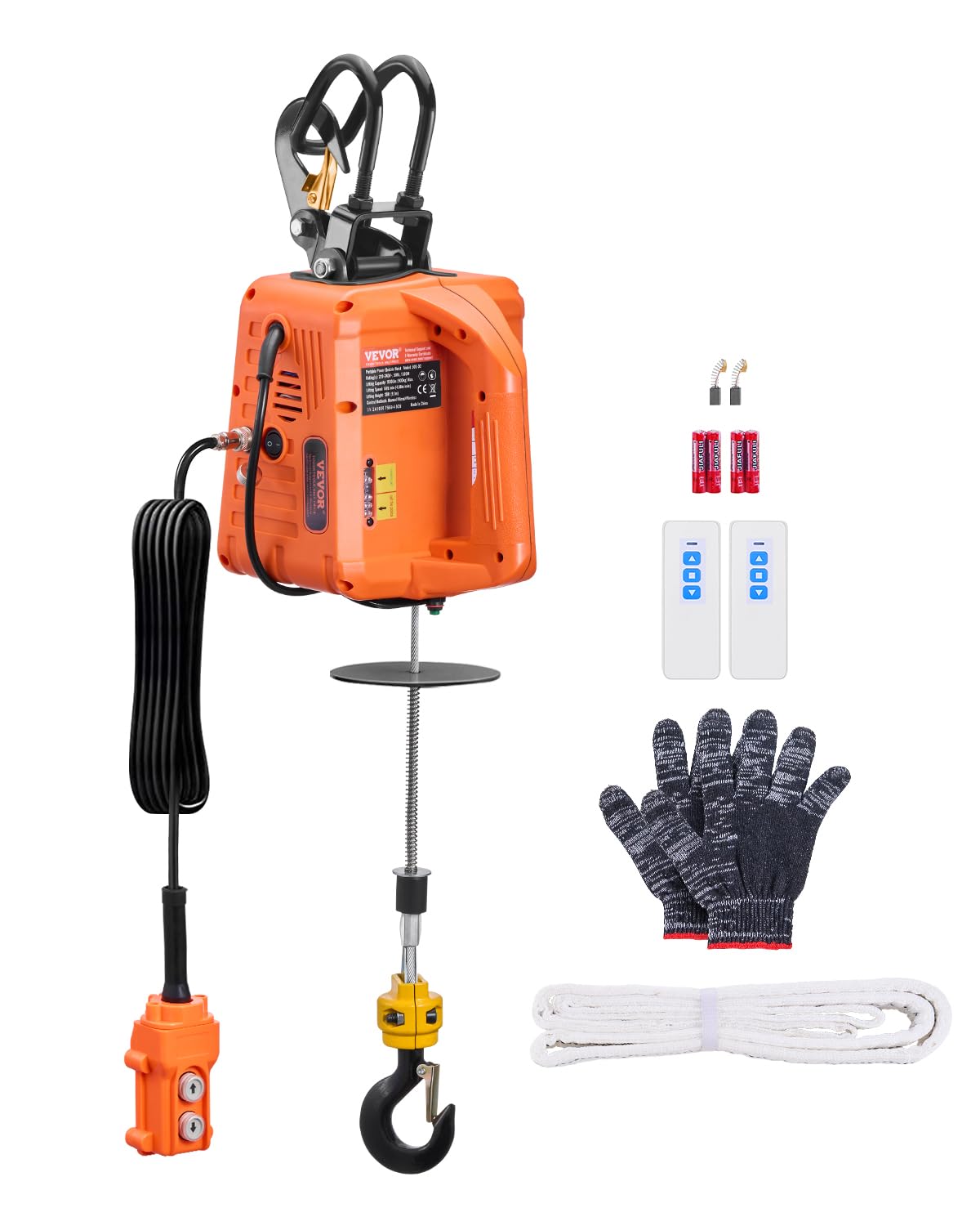 VEVOR 3-in-1 Electric Hoist Winch, 1100 lbs Capacity, 1500W Portable Power Winch, 30 ft Lifting Height, 16 ft/min with Wire and Wireless Remote Control, for Garage, Warehouse, Factory Lifting Towing