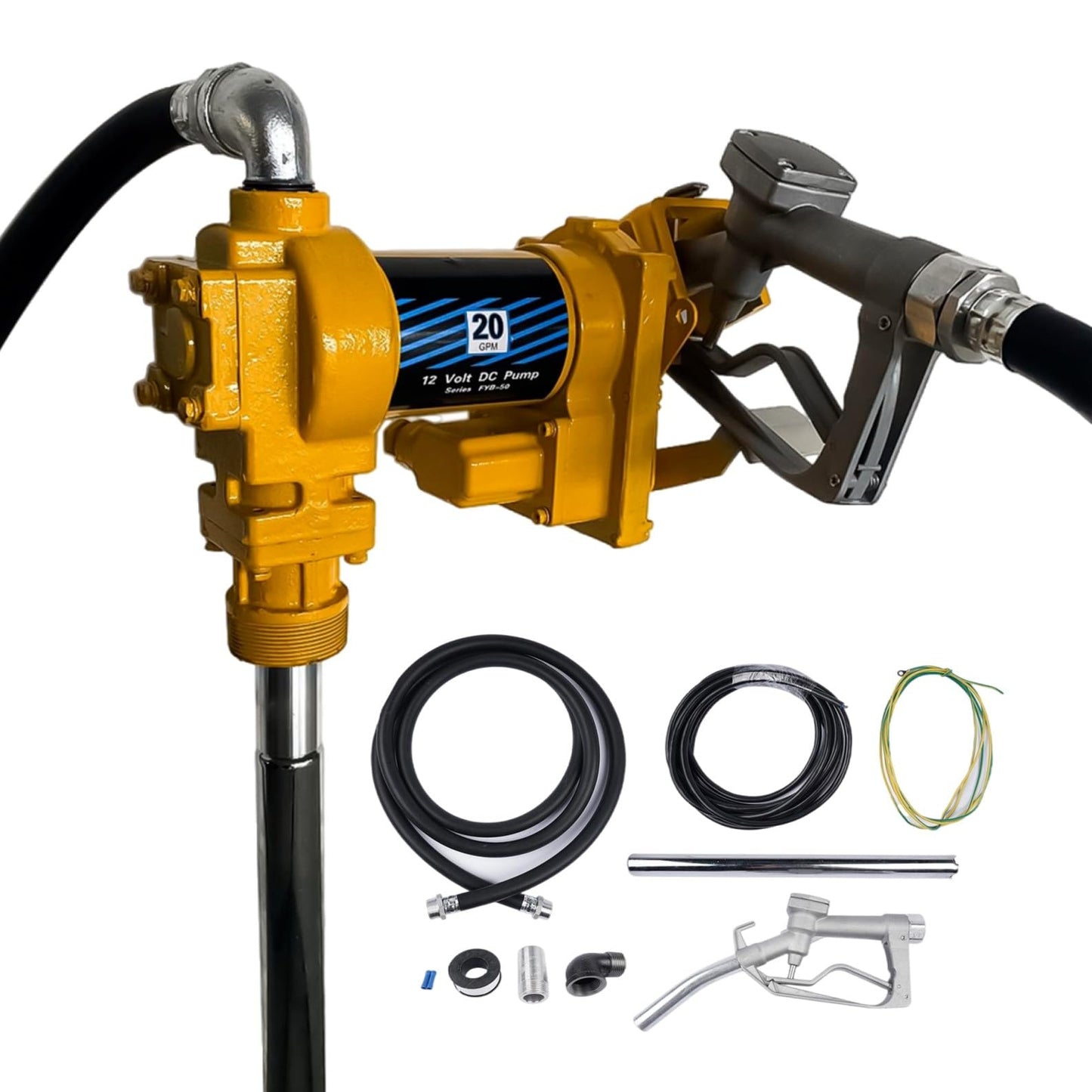 Weonefit 20GPM 12V Yellow Fuel Transfer Pump 50amp Fuse with Discharge Hose & Manual Nozzle for Transfer of Gasoline, Diesel, Kerosene, Ethanol & Methanol Blends & Biodiesel