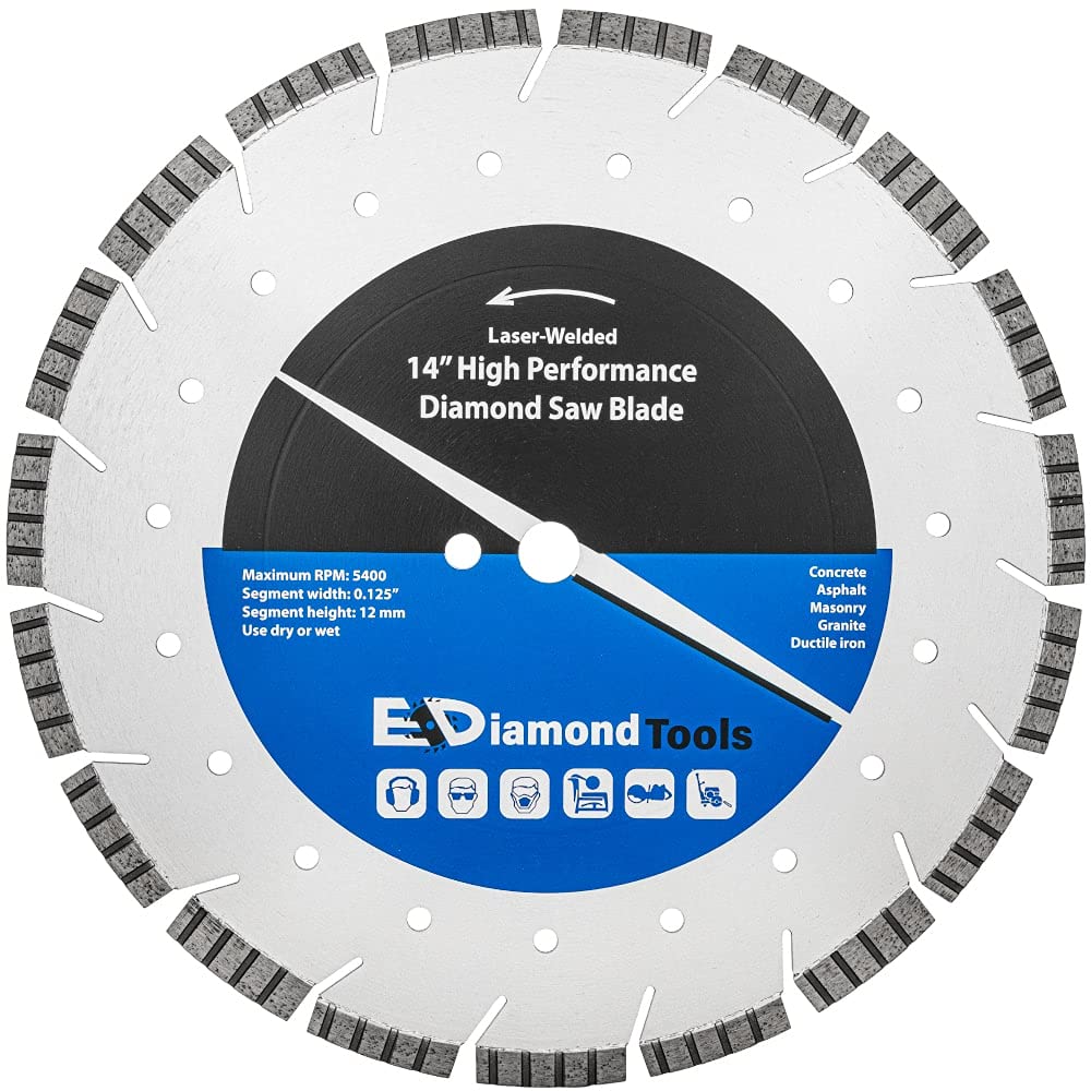 14" High Performance Laser Welded Saw Diamond Blade for Concrete, Asphalt, Granite, Ductile Iron and Masonry, 12mm Segment Height, 20mm Arbor, 3-Pack