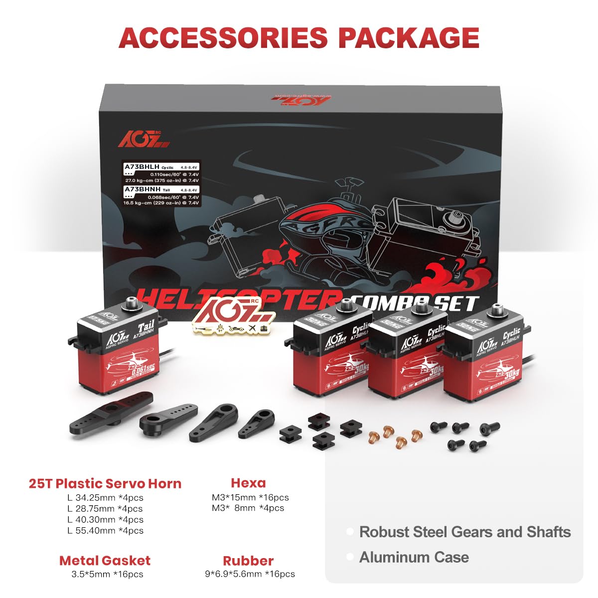 AGFRC RC Helicopter Servo Set - 0.061Sec Tail & 30KG Swashplate Brushless Metal Gear Servos for 450-700 Class Helicopter(A73BHN-H & A73BHL-H)
