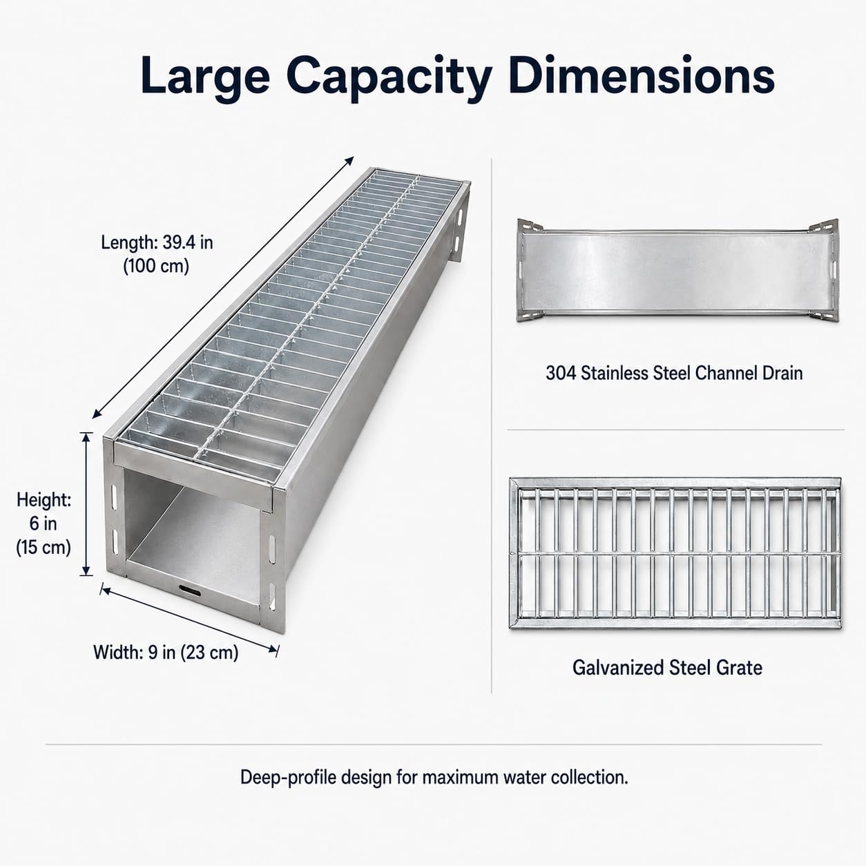 TONGMO 304 Stainless Steel Channel Drain with Galvanized Steel Grate, 39.4" x 5.9" x 5.5" Trench Drain System, Class B Load Rating for Driveways, Patios, and Pool Decks
