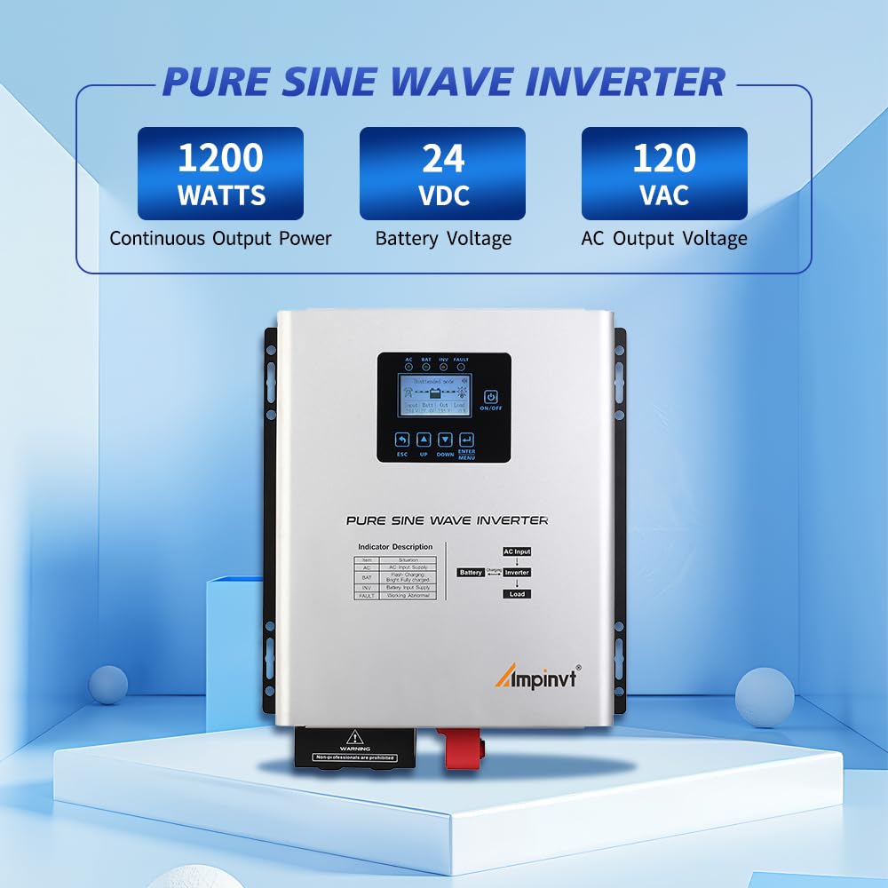 Ampinvt 1200W Pure Sine Wave Inverter with AC Charger, DC 24V to AC 120V Output,UPS Backup Power Low Frequency Inverter for Lithium, Sealed,AGM, Gel,and Flooded Batteries