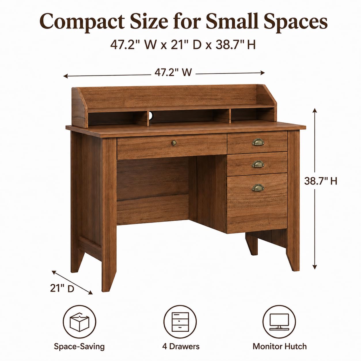 4 EVER WINNER Desk with Drawers, 47'' Small Desk with Monitor Stand and File Drawer, Computer Desk with Storage for Bedroom, Living Room, Small Spaces, Walnut