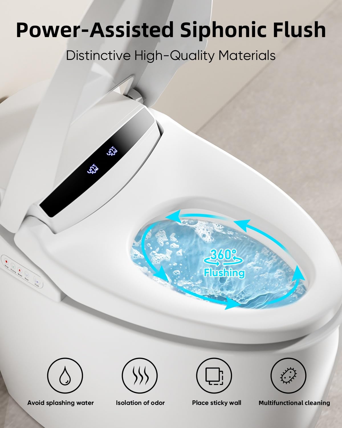 Smart Toilet with Warm Water Sprayer and Dryer, One Piece Bidet Toilet with Auto Dual Flush Foot Sensor Operation,Heated Seat Smart with Built In Fahrenheit LED Display
