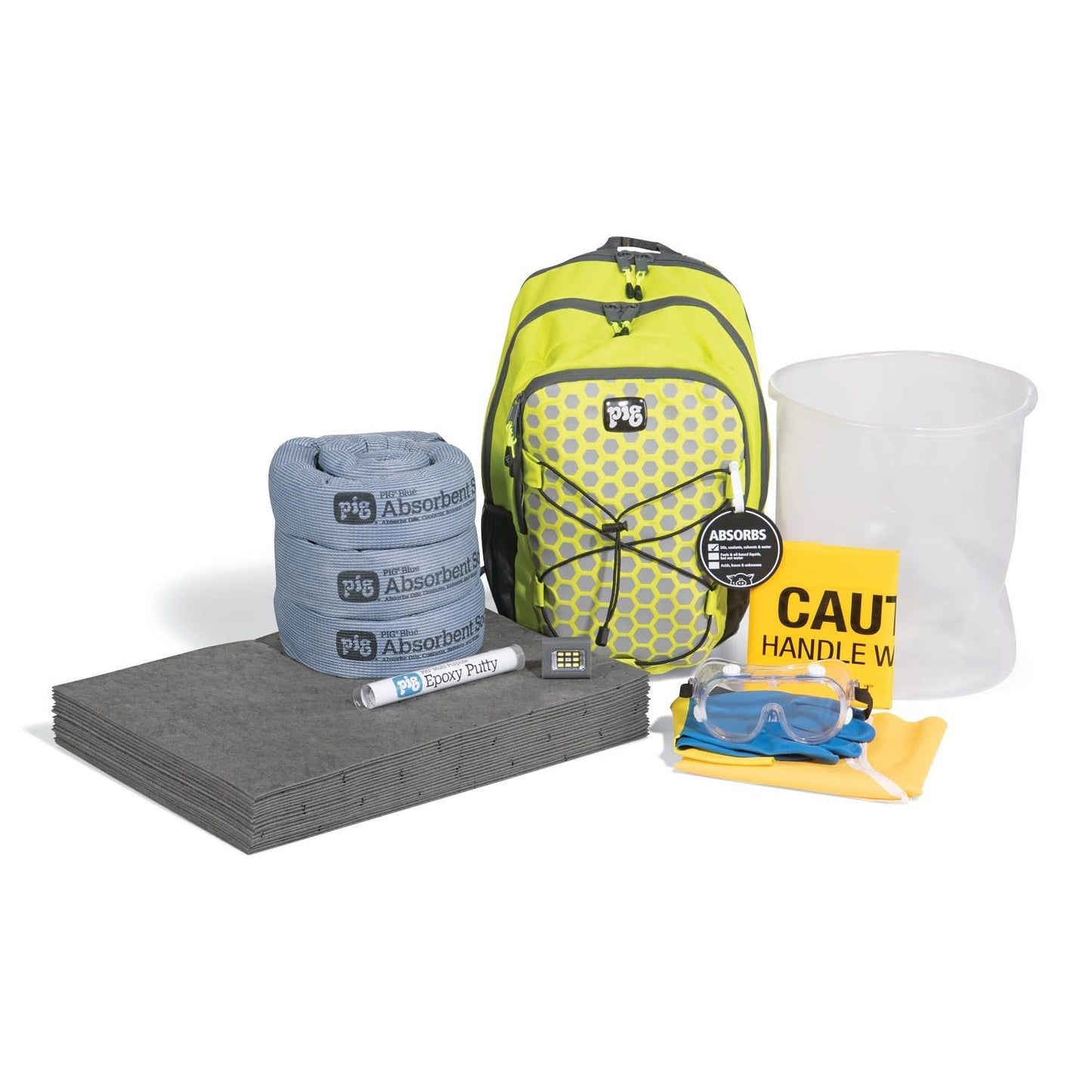 PIG Spill Kit | Portable Backpack | Absorbs up to 4.4 gallons | Hi-Viz Green | 12.6" W x 7.6" D x 18.5" H| PMB30629
