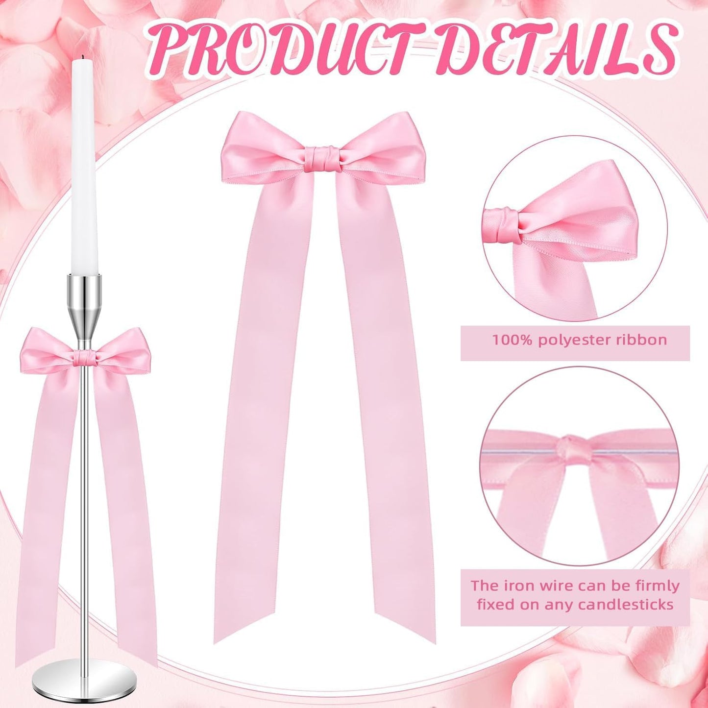 Regine Switzerland 16-Piece Pink Candlestick Bow Set - 13-Inch Ribbon Decor for Weddings & Parties