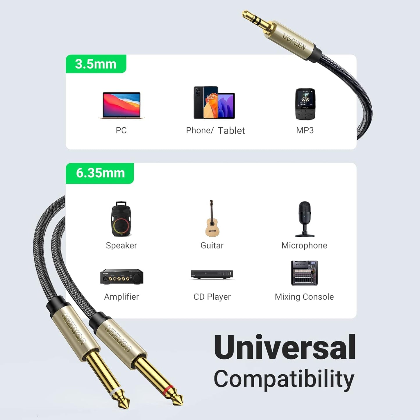 1/8 1/4 3.5mm 6.35mm 1/4 10FT UGREEN to Stereo Cable TRS to Dual TS Mono Y Splitter Audio Cord Adapter Compatible