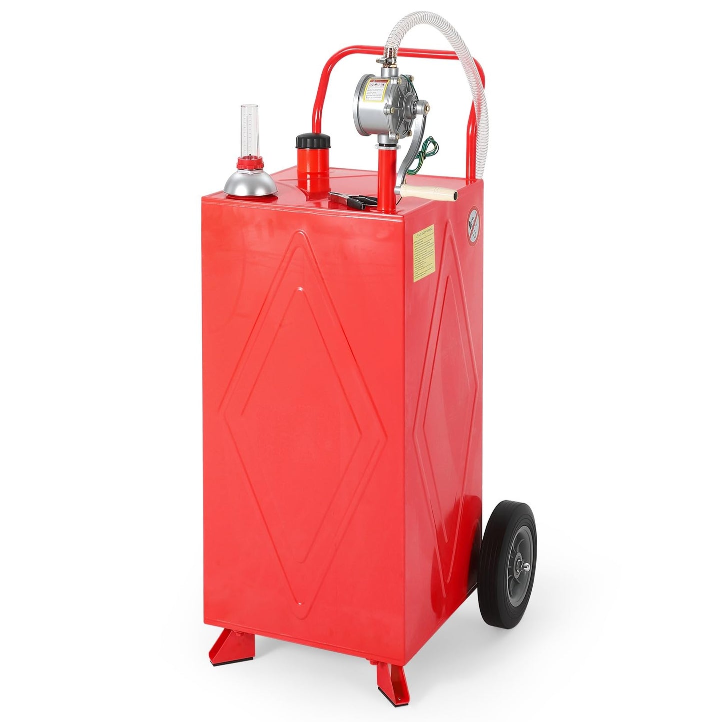 35 Gallon Fuel Gas Caddy Storage Tank, Portable Gas Caddy Fuel Transfer Tank with Wheels, Manual Rotary Pump, Hose, Wide Mouth Fill Port, Fuel Level Gauge, Mobile Gasoline Diesel Transfer Cart for ATV, Tractor, Mower, Car, Boat