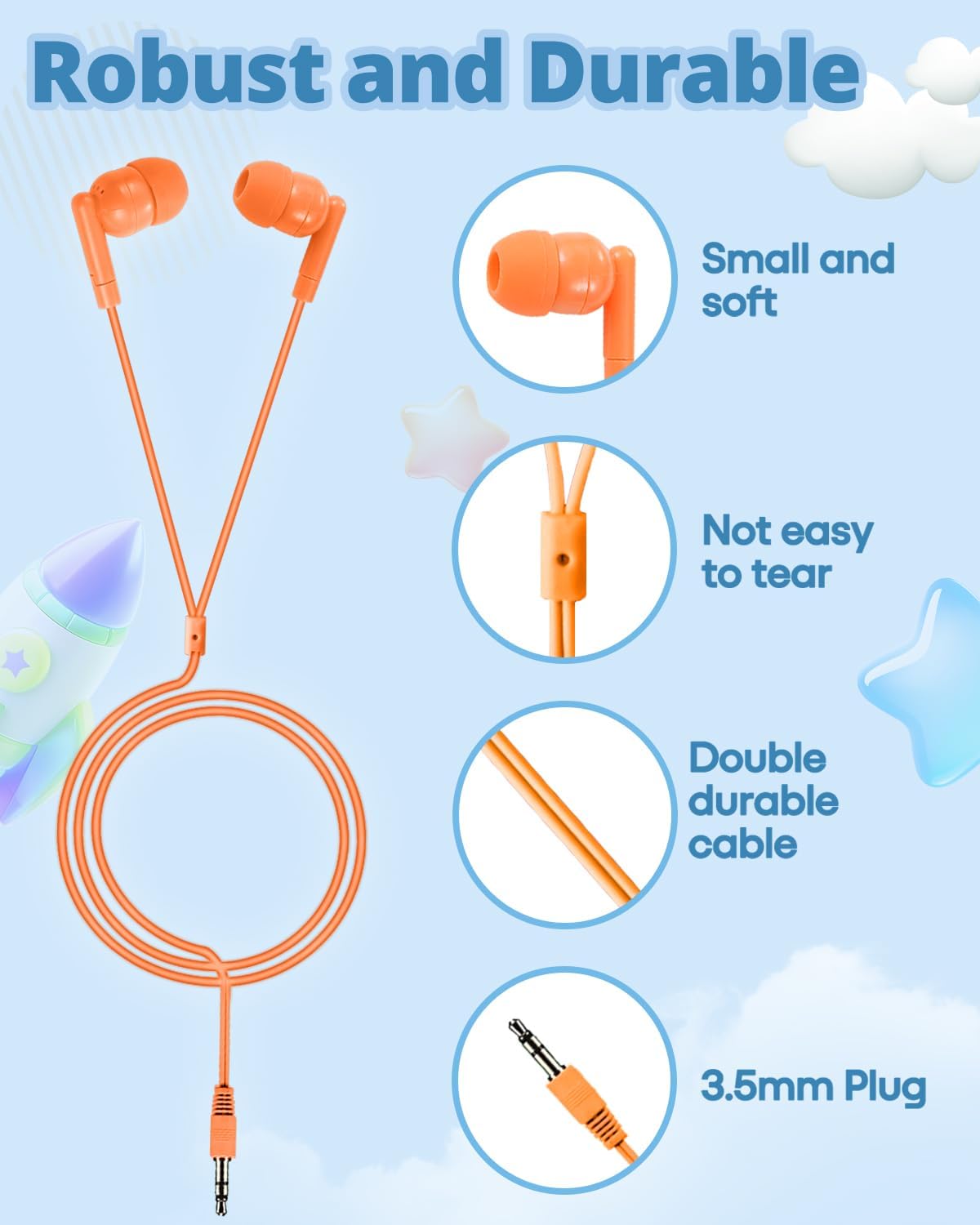 50 Pack Set 3.5mm Bulk Earbuds for Kids, Classroom Earbuds, Affordable in-Ear with Jack, Wired Headphones