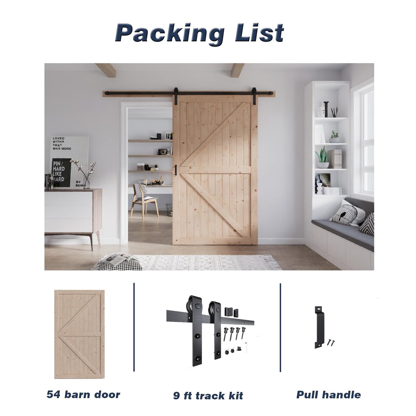 FREDBECK 54in x 96in Wood Barn Door with 9FT Barn Door Hardware Kit Included K Shape Solid Spruce Panel Need to Assembly