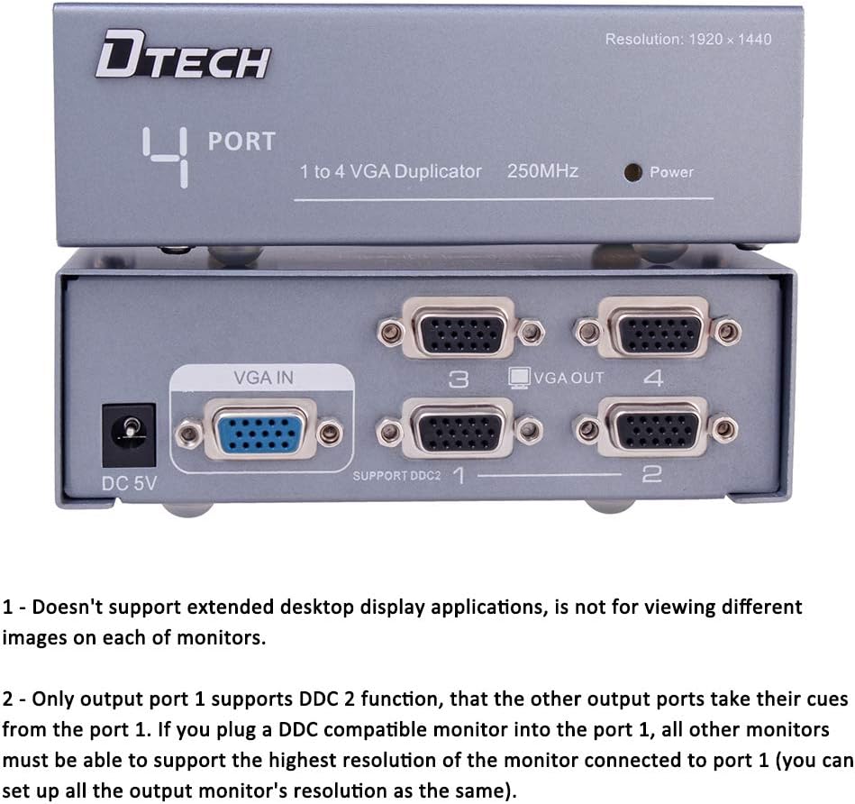 DTECH 4 1 Powered Port VGA Splitter Box Video Distribution Duplicator for PC to Multiple Monitors Projector
