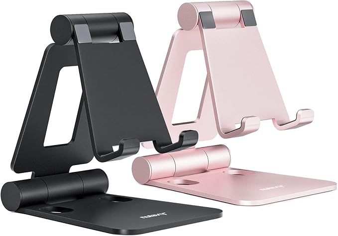 Nulaxy 2 Pack Dual Folding Cell Phone Stand, Fully Adjustable Foldable Desktop Phone Holder Cradle Dock Compatible with iPhone 17 16 15 14 13 12 Pro Max Xs Xr, All Phones, Black & Rose Gold