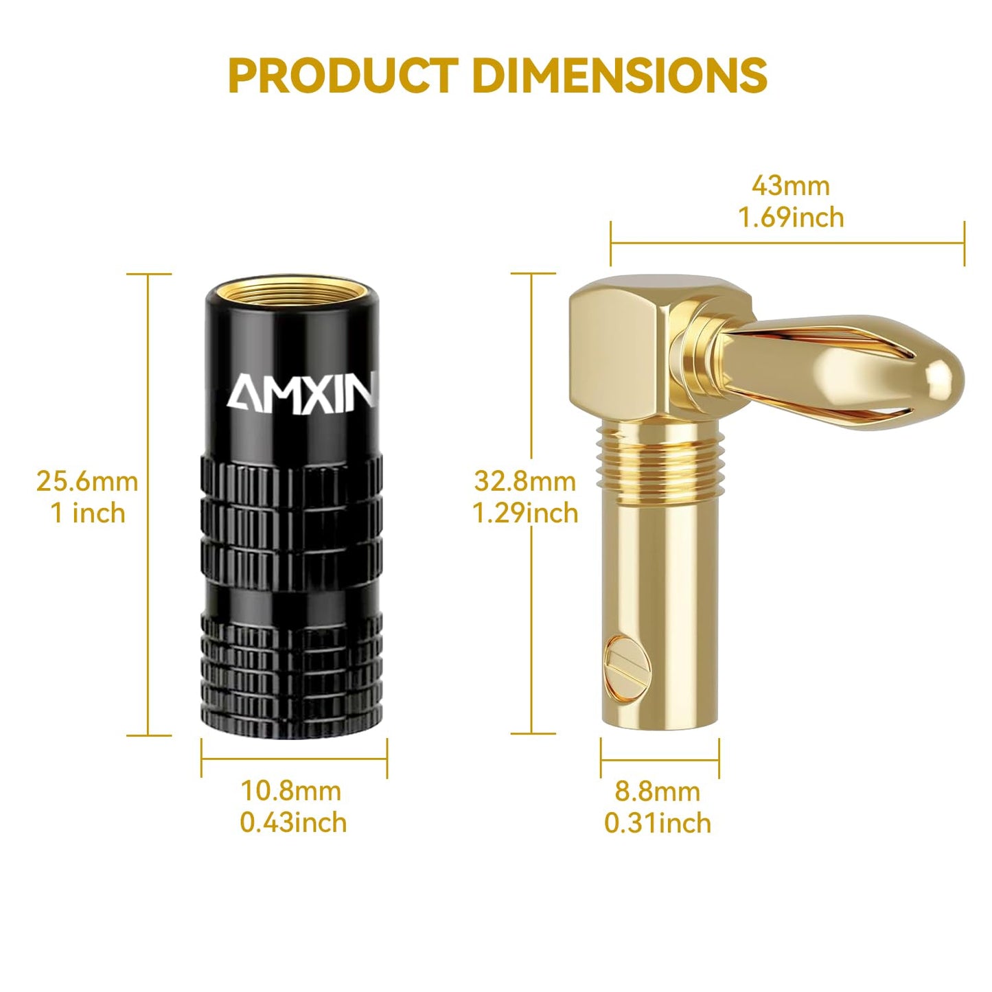 Amxinwang (8 16 24K Right Angle Banana Plugs Pairs, Pieces), Closed Screw Gold Plated Speaker Connectors for Speaker