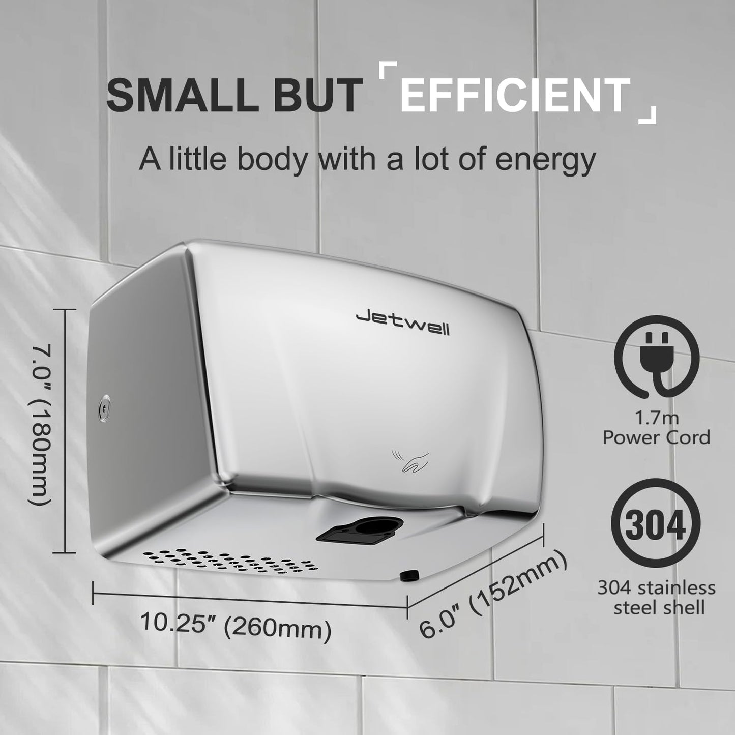 JETWELL 2Pack Compact Hand Dryer for Commercial Bathrooms, Stainless Steel Cover High Speed Automatic Warm Wind with Heating Switch, AC110V-130V