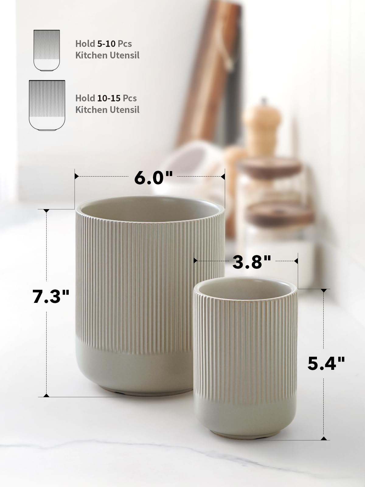LE TAUCI Utensil Holder for Kitchen Counter, 7.3"+5.4" Fluted Ceramic Utensil Crock Organizer for Countertop, Heavy Large Holder for Spatulas, Spoons, Set of 2, Oatmeal Greige