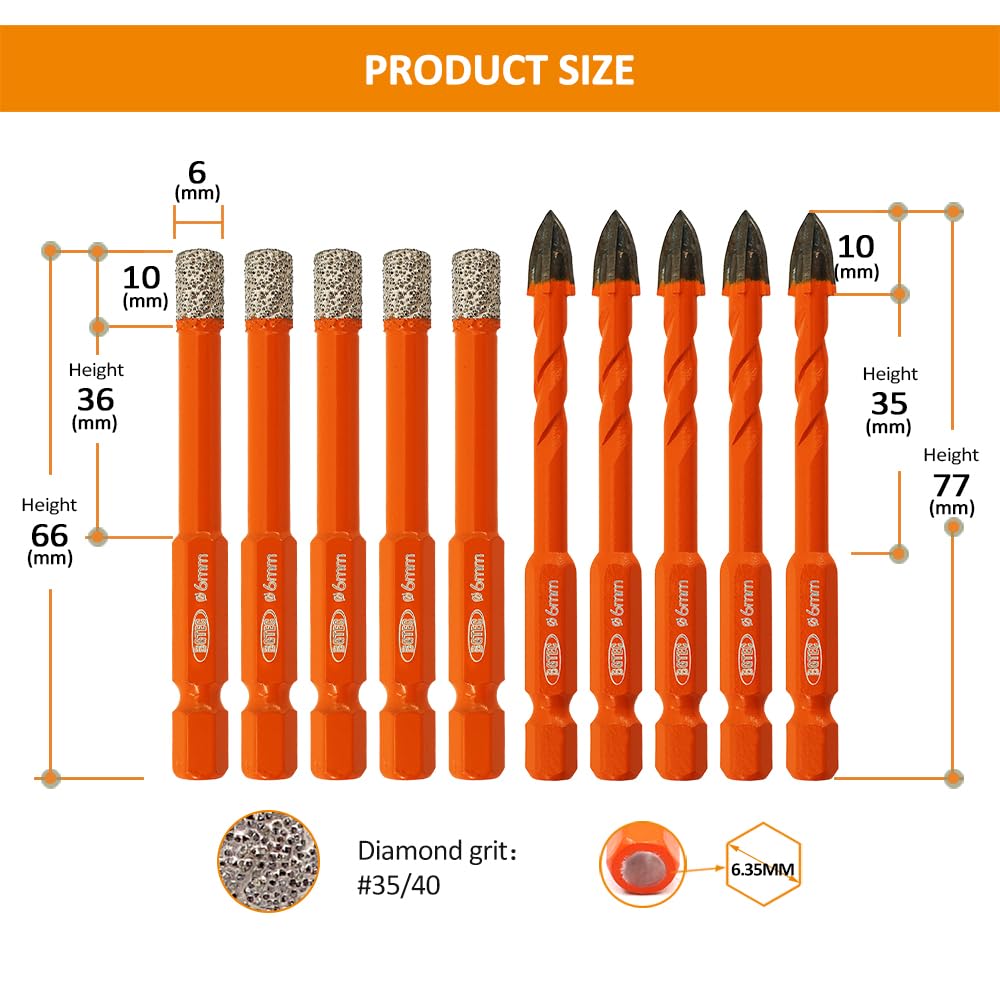 BGTEC Dry Diamond Drill Bits Set 10PCS 6mm and 12pcs 6/6/8/20/25/35/50/75/100mm for Porcelain Tile Marble Granite