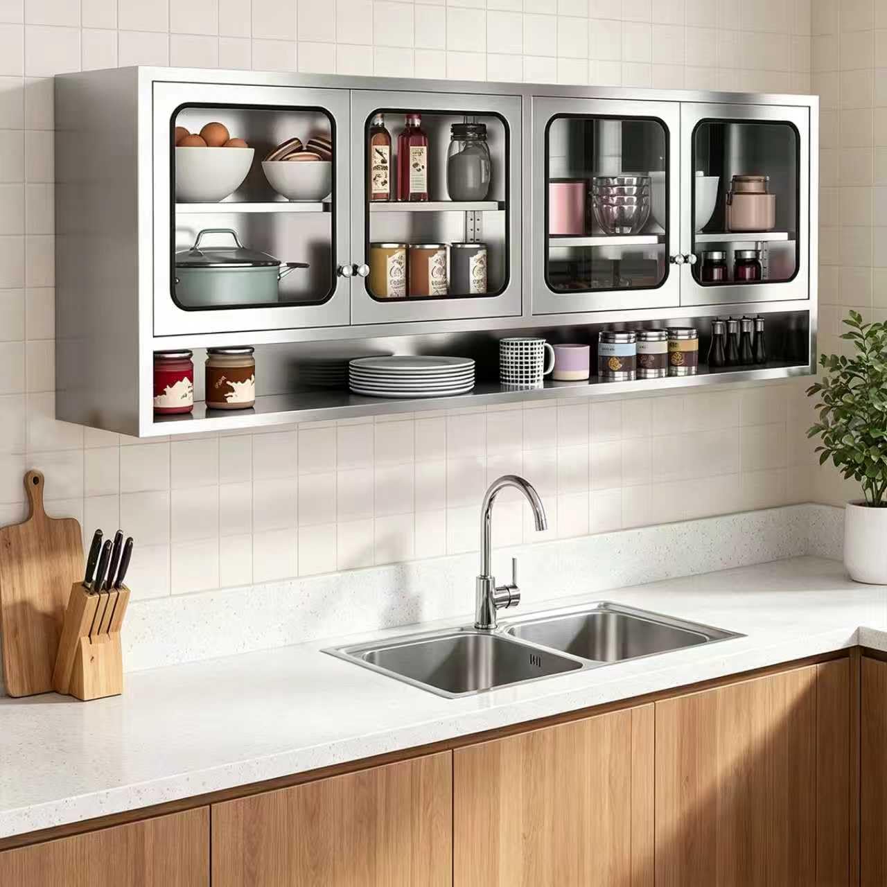 ZZV Kitchen Wall Cabinet, Stainless Steel Wall Mounted Cabinet with Adjustable Shelves, Industrial Wall Storage Cabinet for Garage, Warehouse, No Assembly Required, 11.82D x 70.87W x 27.56H in