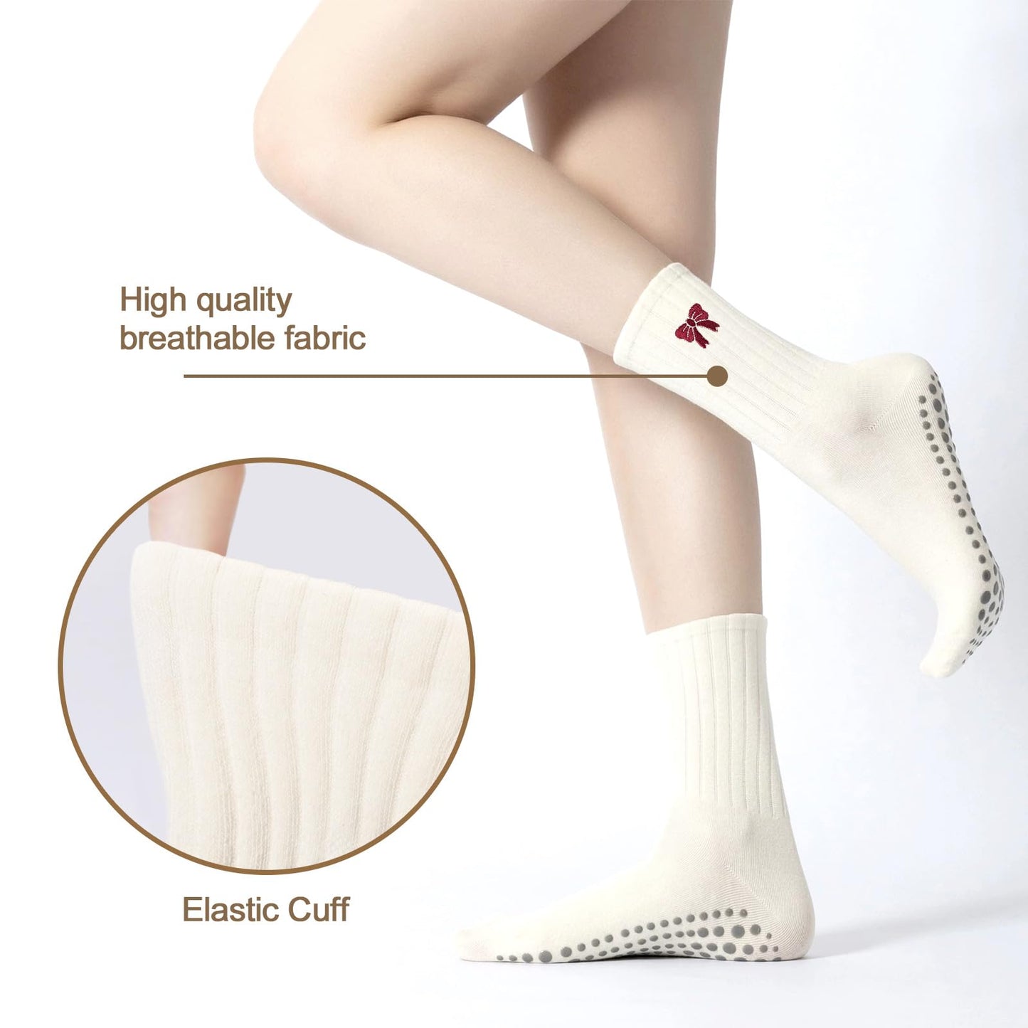 FIYIGO Cute Pilates with Grips Socks for Women Yoga Non Slip Embroidery Bow Socks for Fitness, Ballet,Dance Workout -（White + Red）