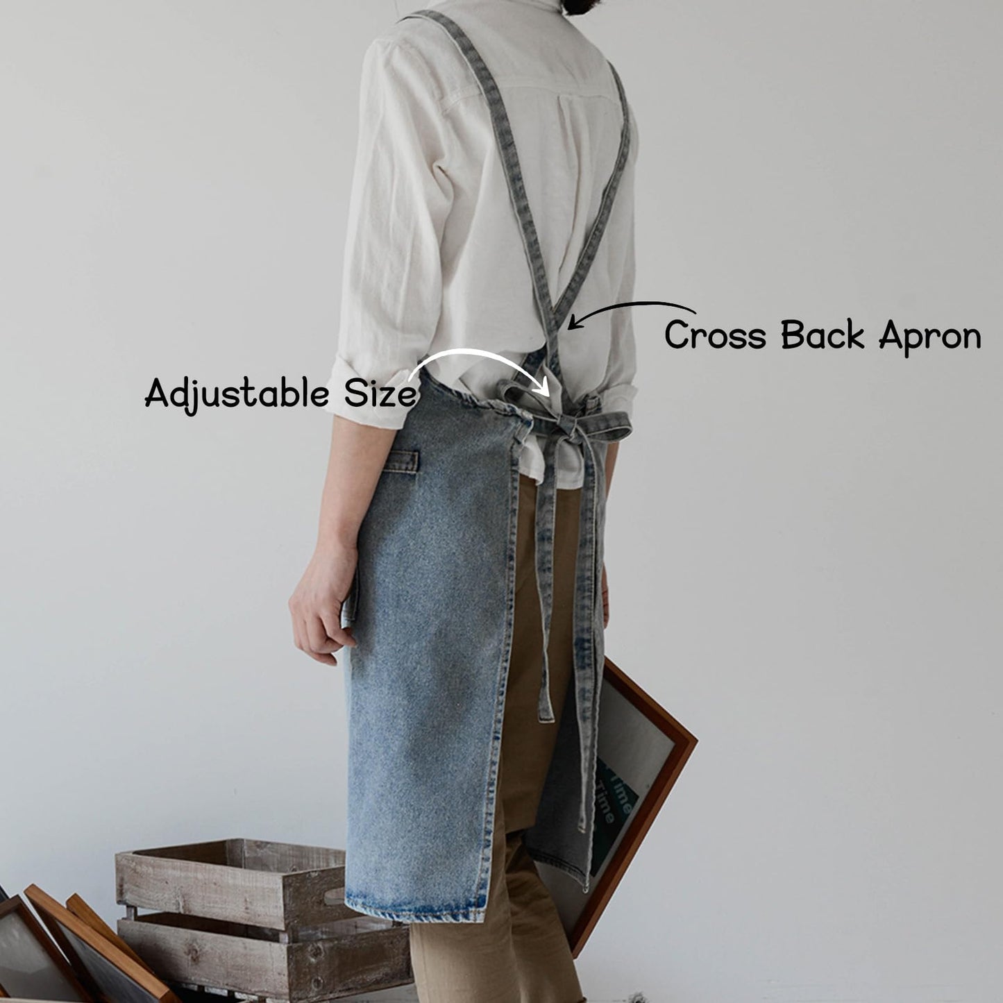 Surblue Cotton Denim Apron with Pockets Adjustable Jean Apron for Man Woman for Kitchen, BBQ, Garden, Workshop, Blue