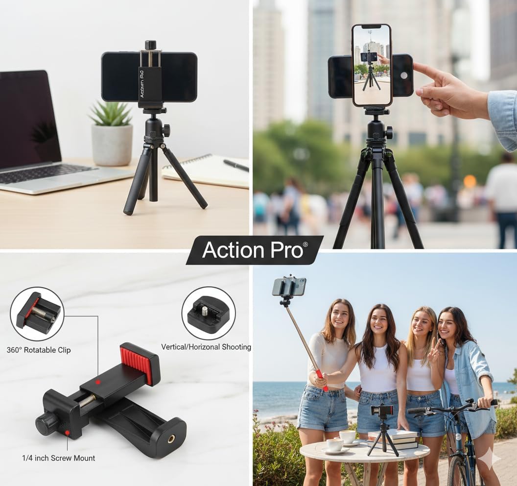 Action Pro 360 1/4 inch Phone Holder/Vertical and Horizontal Tripod Mount Adapter Rotatable Bracket with Screw