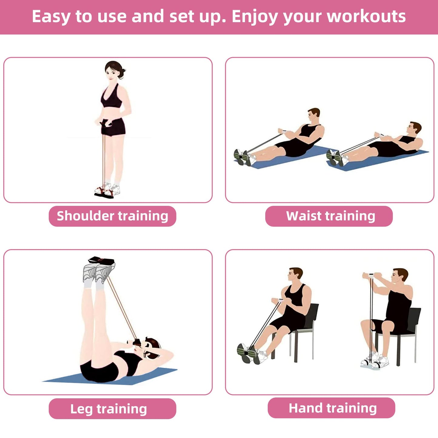 Multi-Function Tension Rope – 4 Tube Resistance Bands with Handles – Sit Up Exercise Equipment Home Gym Tummy Trainer for Men Women (Pink) …