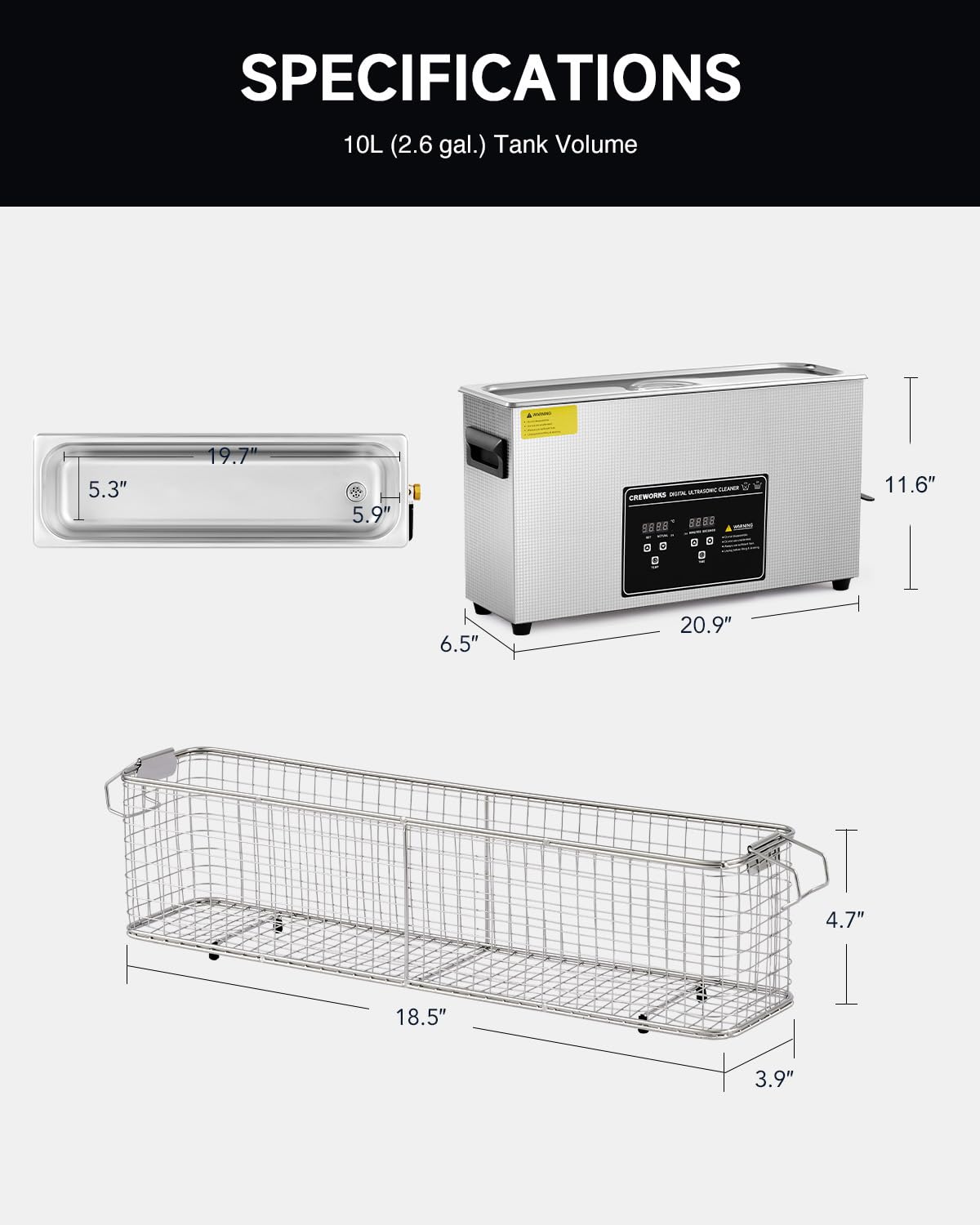 CREWORKS 10L Digital Ultrasonic Cleaner for Elongated Objects, 240W Professional Ultrasonic Parts Cleaner with Heater and Timer, 2.6 gal Lab Ultrasound Cleaner Machine for Gun Part Machine Auto Tool