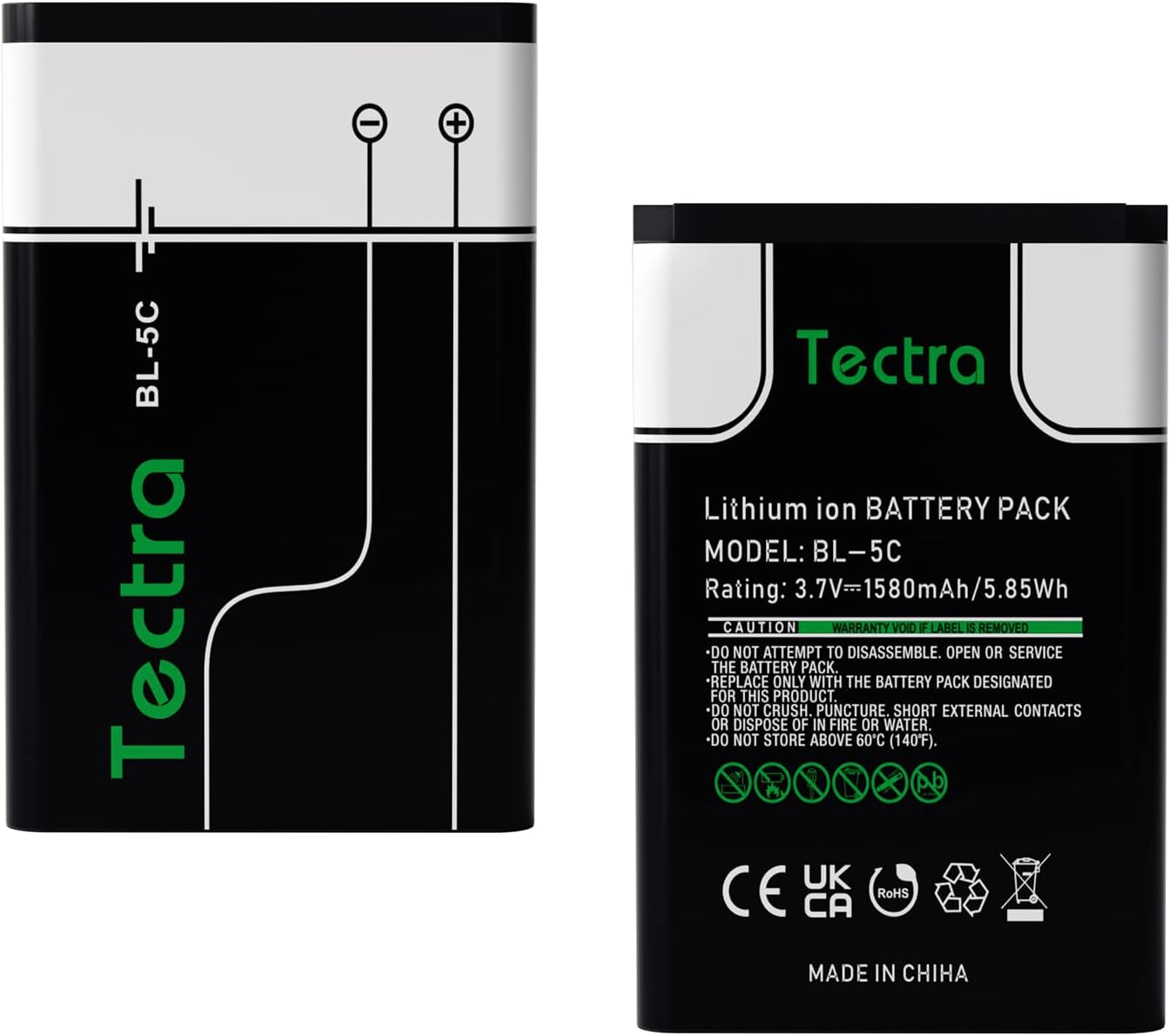 Tectra 2-Pack BL-5C 1580mAh Rechargeable Batteries