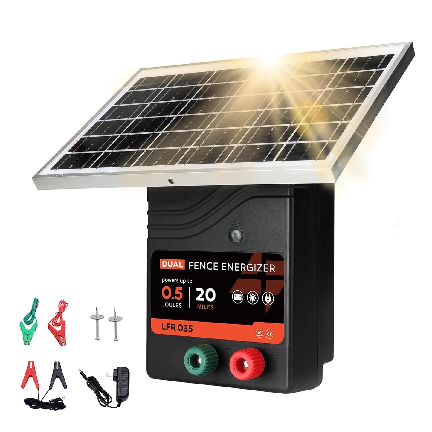 20 Miles Solar Electric Fence Charger, 0.5 Joule Portable Solar Fence Charger, Solar Electric Fence Kit, with 10W Solar Panel