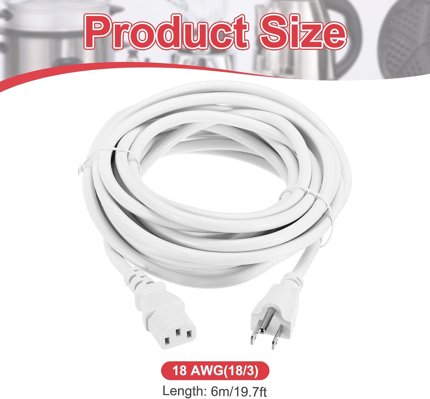 MECCANIXITY 20ft 18 18/3 C13 5-15P 10A 125V 3-Prong AWG White Universal Power Cord to NEMA Extension Power Cord