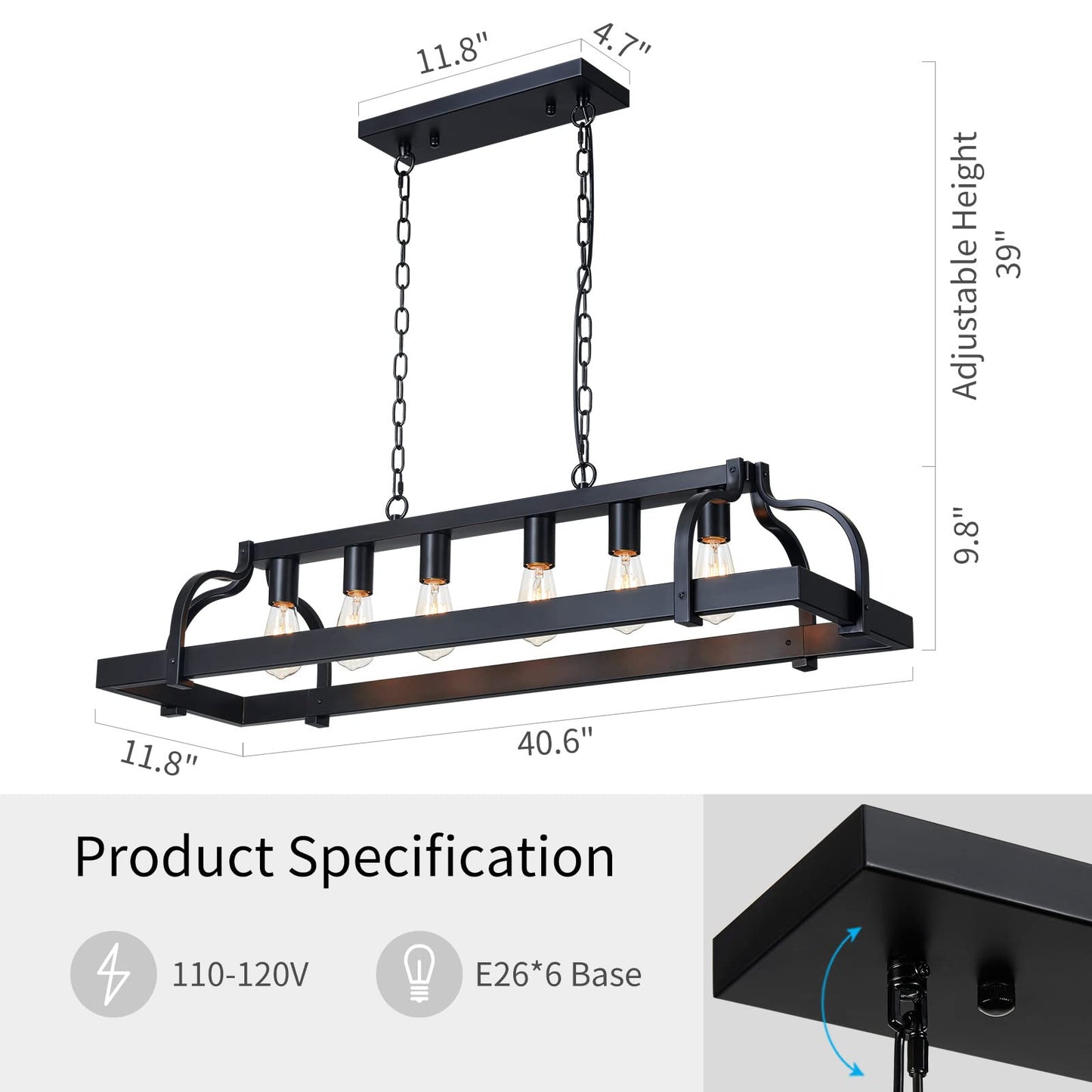 WUZUPS 6-Light Metal Pot Hanging Rack Chandelier Linear Pendant Ceiling Lighting Rustic Farmhouse Fixture Kitchen Island Dining Room, H 9.8" L 40.6" W11.8, E26 Base, Black