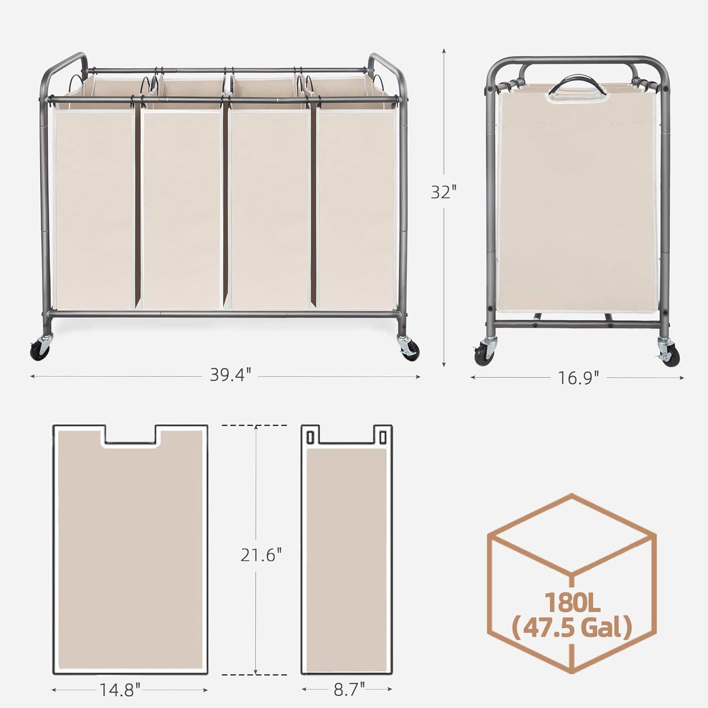 Storage Maniac Laundry Sorter - 4-Section 47.8 Gal Hamper Cart with Wheels & Removable Bags - Beige