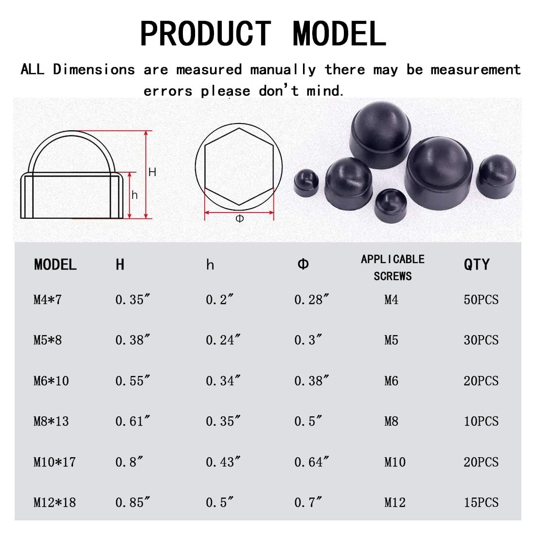 wugongshan 145 Pcs Screws Bolt Covers Caps, Hex Head Dome Bolt Covers, Plastic Bolt Caps, Screw Caps Covers, Hexagonal Screw Bolts Cover Protection Caps for Matching, M4 M5 M6 M8 M10 M12