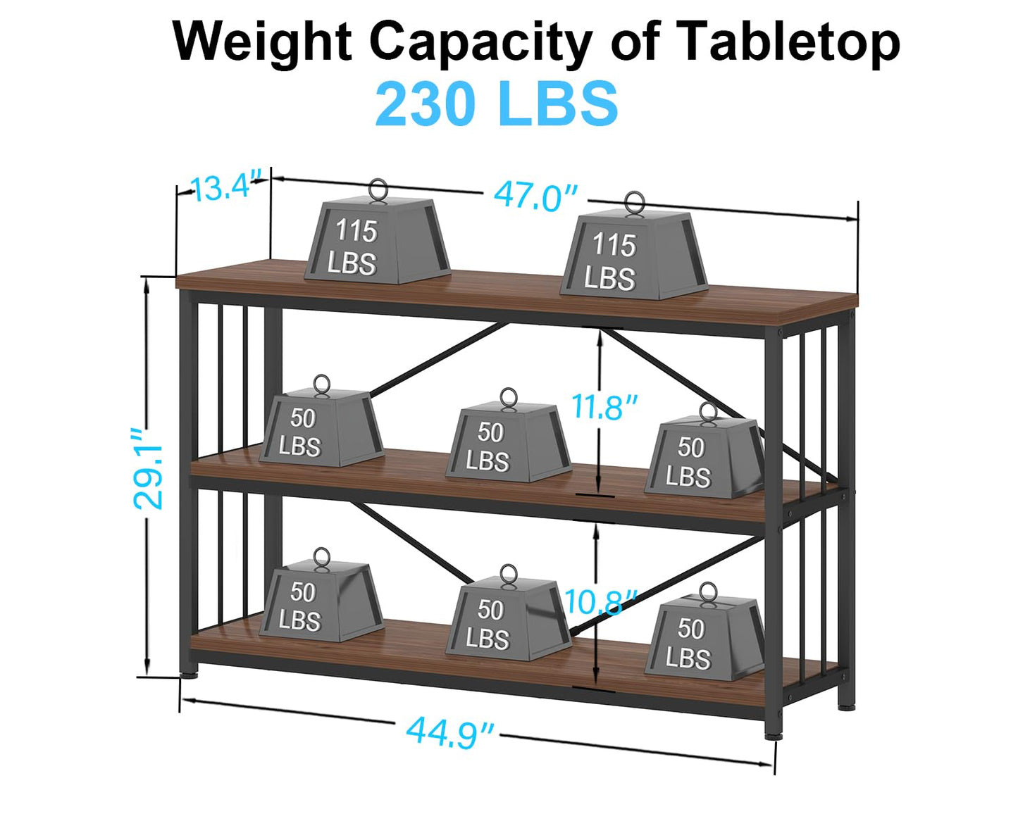 IBF 3-tier Industrial Bookshelf, Wood and Metal Horizontal Shelves Rustic Low Wide Bookcase with Large Open Storage, Farmhouse Simple Display Shelf for Home Office Living Room Kitchen, Walnut, 47 Inch